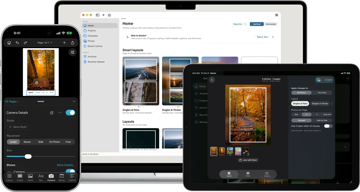 Decks on iPhone, Mac, and iPad: the camera details card on iPhone, Home with smart layouts on Mac, and a new project’s pages with the Layout panel on iPad.