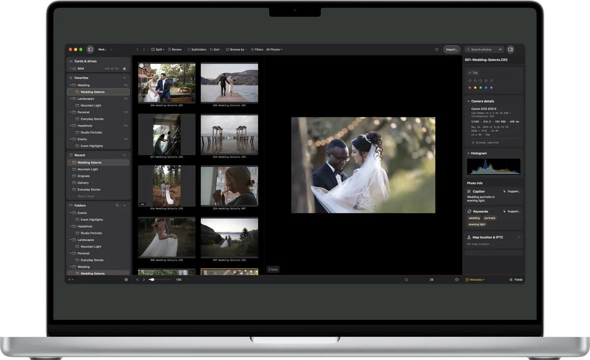 Ingest on a MacBook, with folders, a grid of wedding photos, and metadata beside the selected photograph.