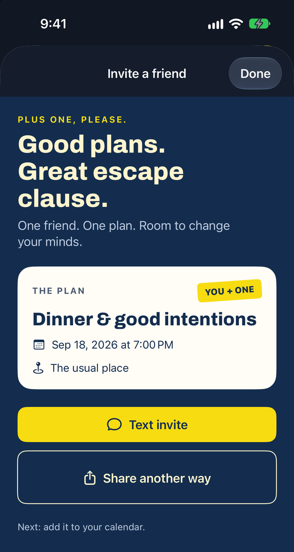 Canceled inviting a friend to a plan, with the headline Good plans. Great escape clause. above a cream plan card