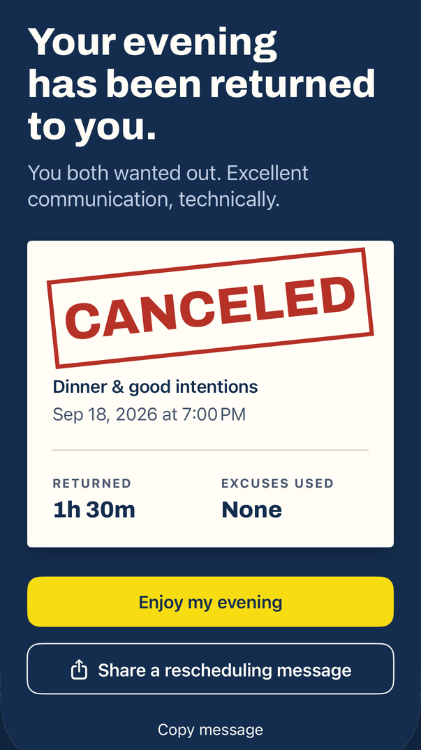 A mutual cancellation in Canceled, showing a cream card with a red CANCELED stamp across it