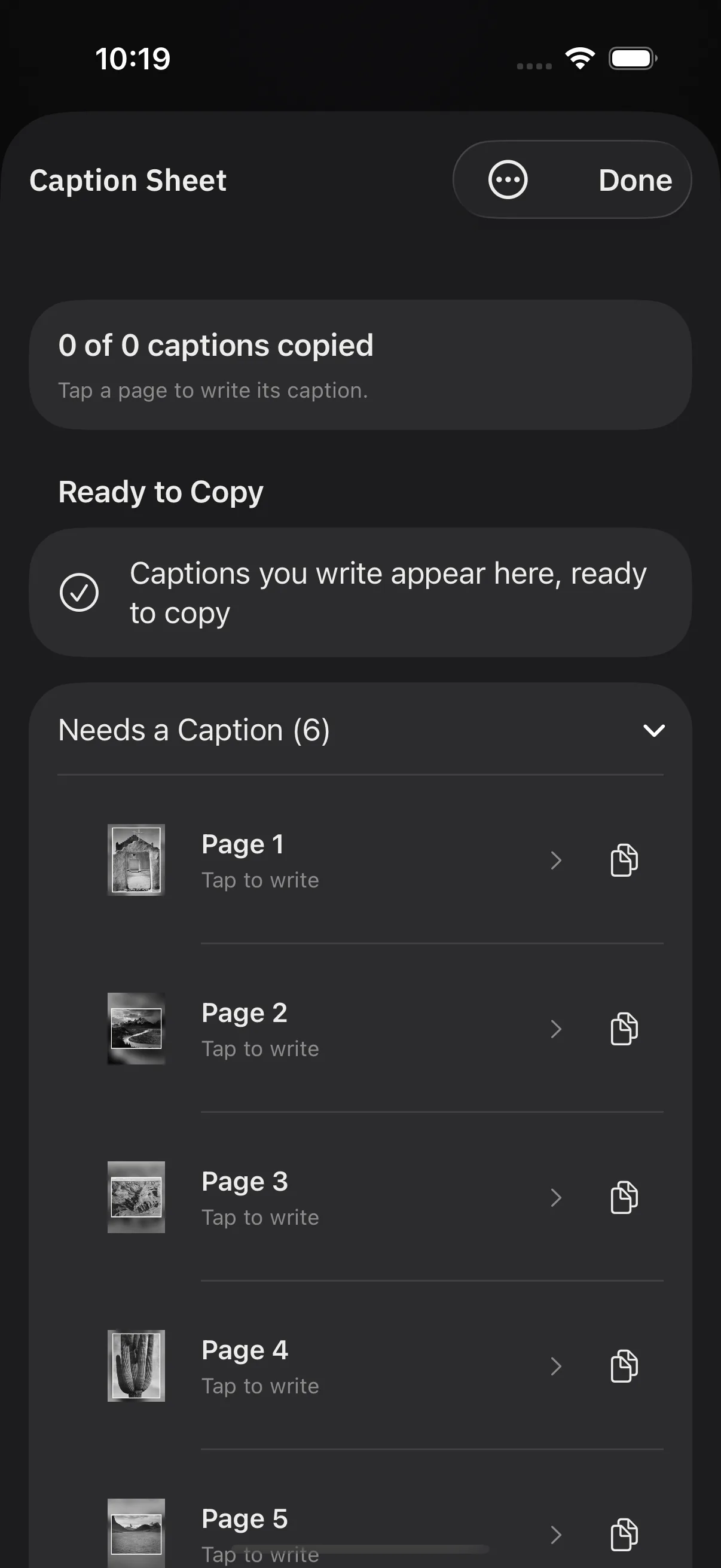 The Caption Sheet in Decks, listing the pages of a project with a caption field for each