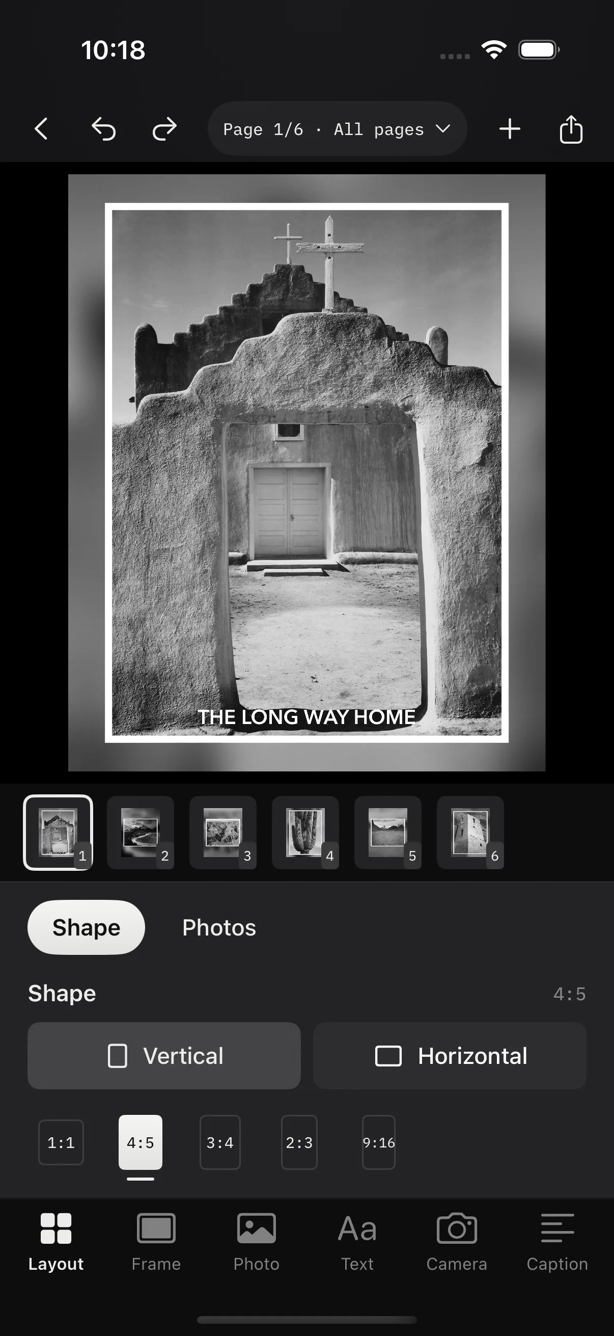 The Decks editor on an iPhone, showing a framed photo on a dark canvas with the Layout, Frame, Photo, Text, Camera, and Caption tools along the bottom