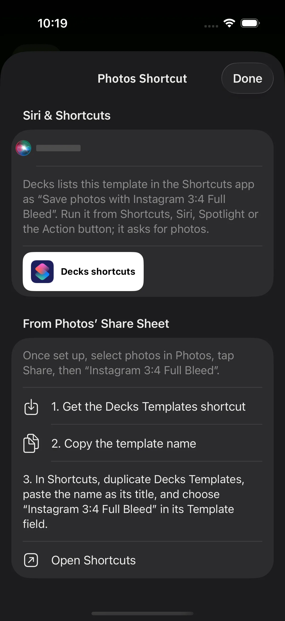 The Photos Shortcut sheet for a template in Decks, listing the Siri and Shortcuts phrase and the three steps to add it to the Photos share sheet