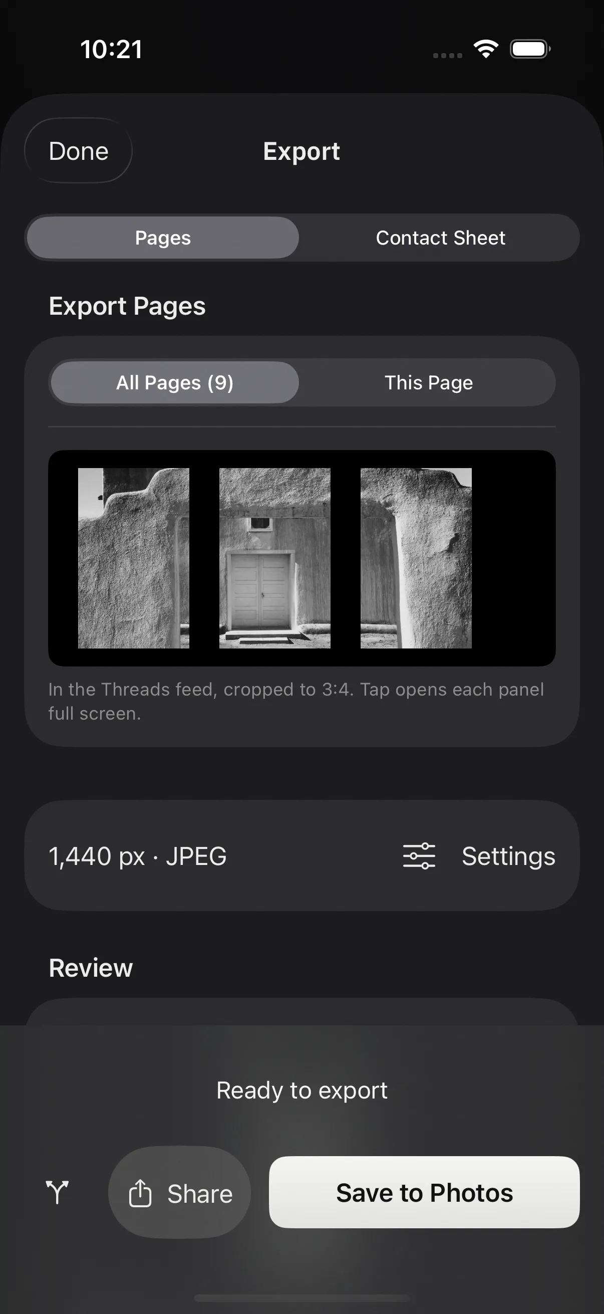 The Export screen in Decks, showing three panorama pages as they will appear cropped to 3:4 in the Threads feed, with Share and Save to Photos buttons