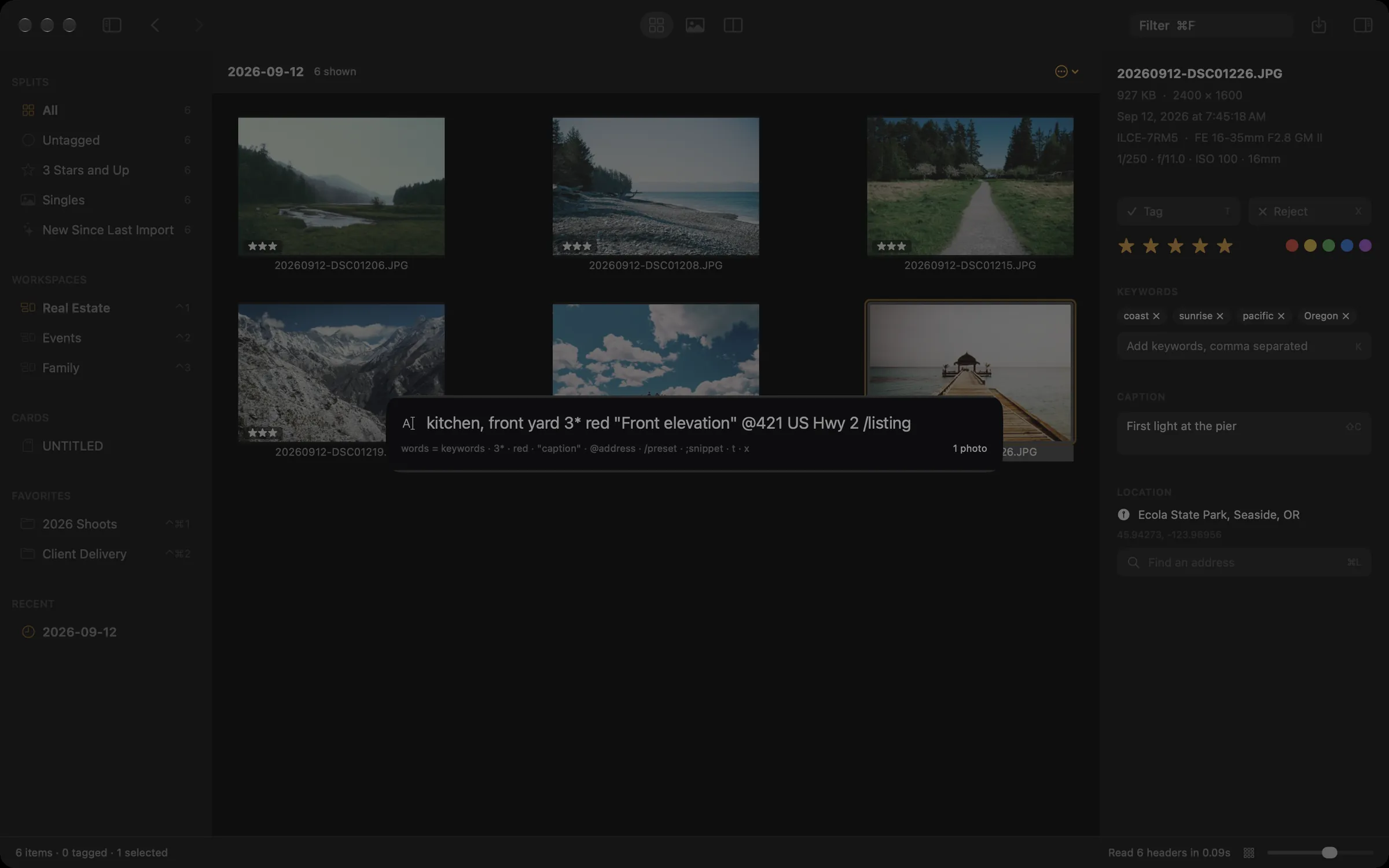 The quick entry bar showing an example line with keywords, a rating, a colour, a quoted caption, an address, and a preset