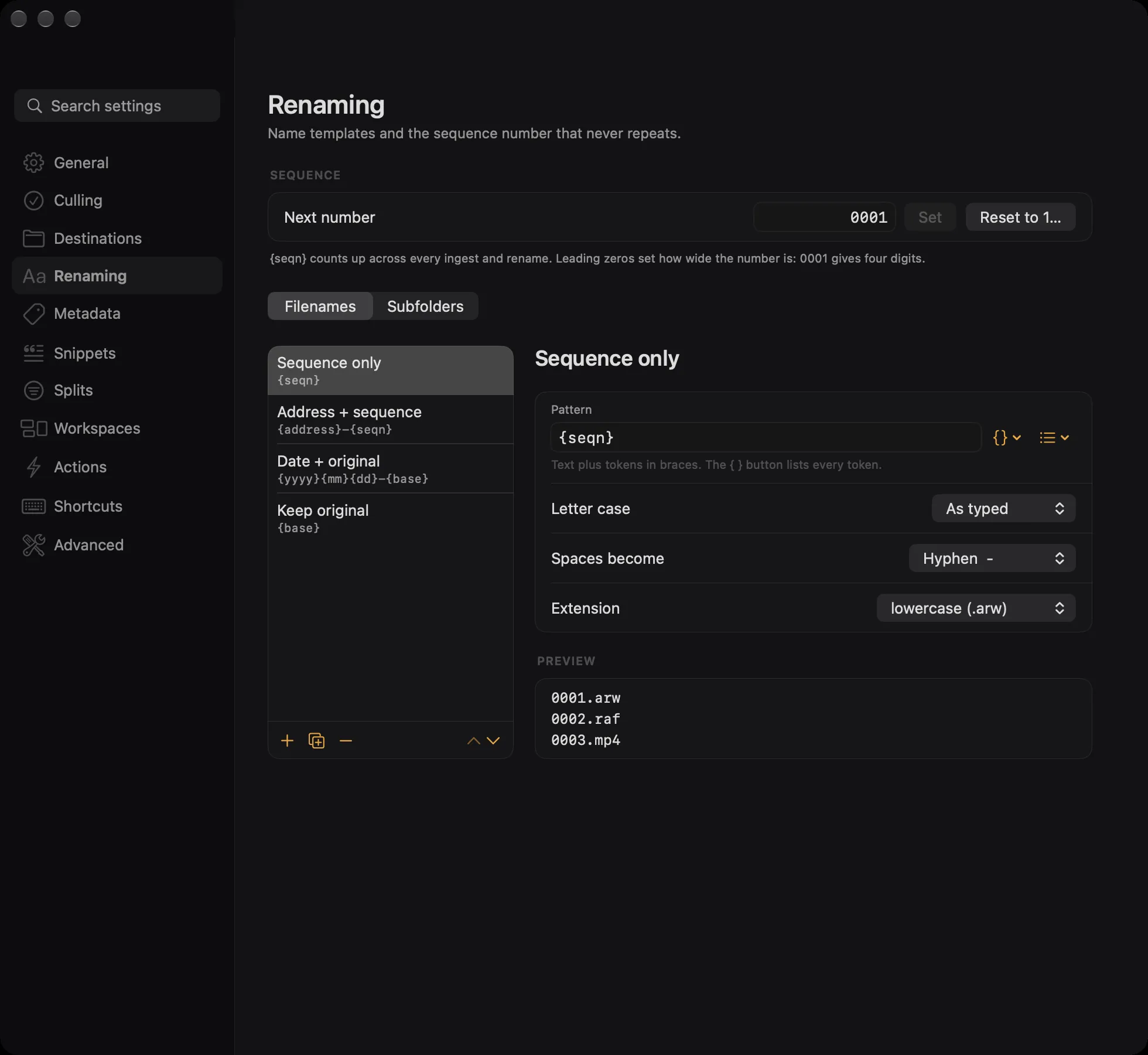 The Renaming settings page with a template list, the pattern field, case and separator choices, and a live preview of three filenames
