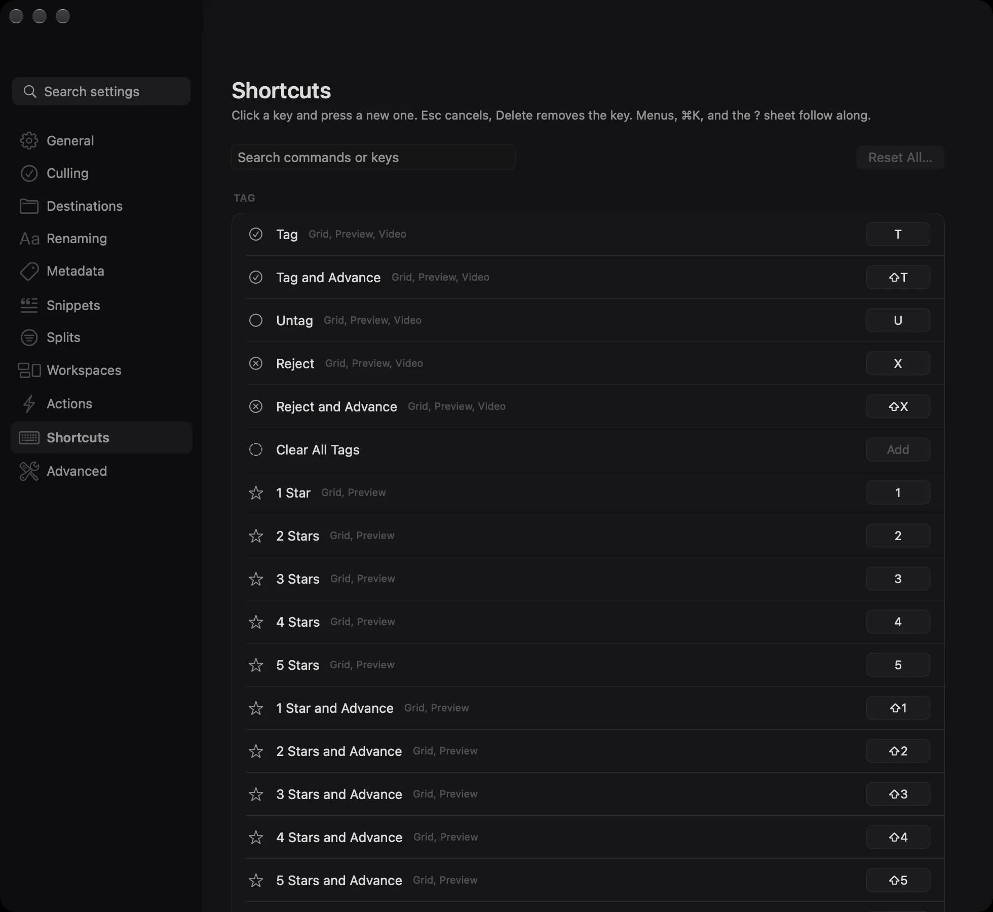 The Shortcuts settings page, listing marking commands with their keys and the contexts each one works in