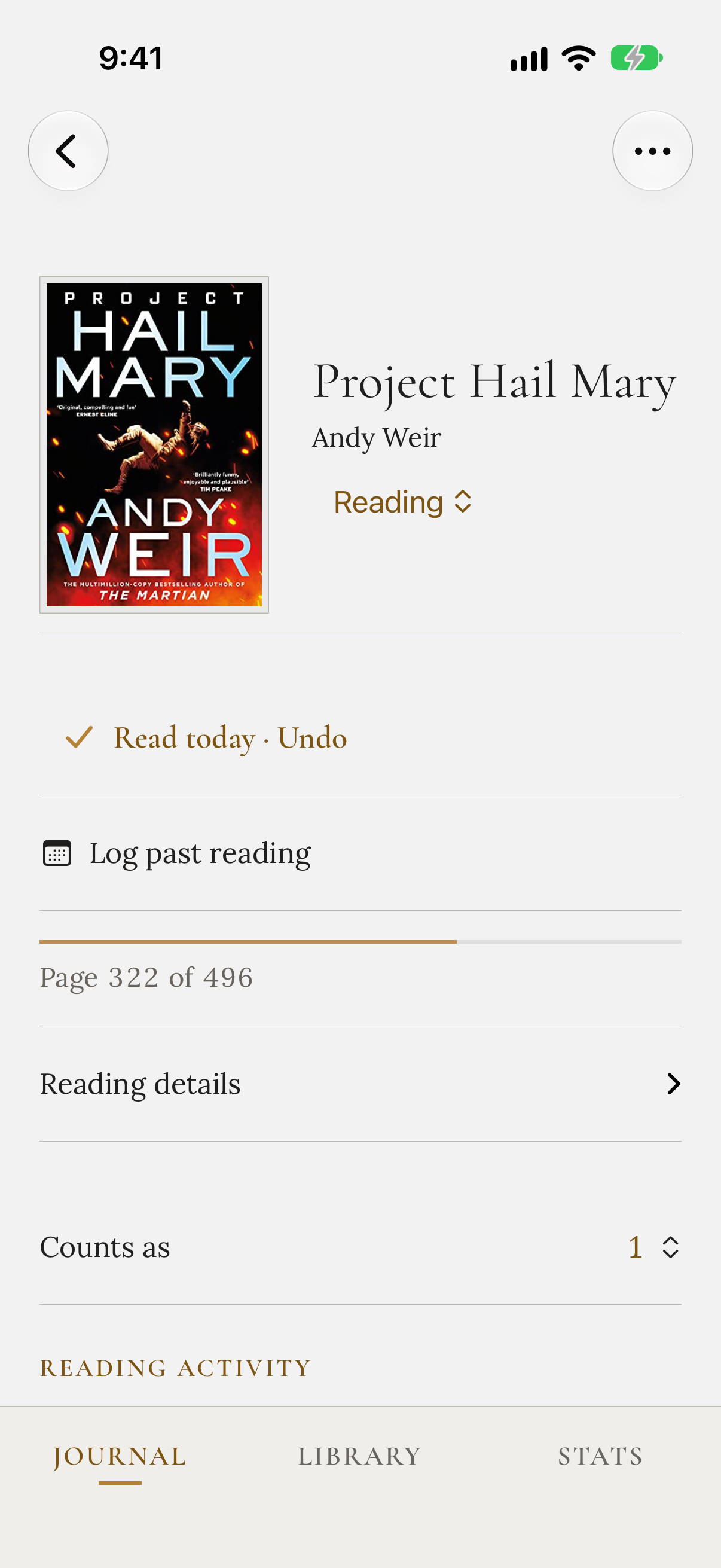A book's page: cover, reading status, today's reading marked with an undo link, page progress, and the reading activity for this reading.