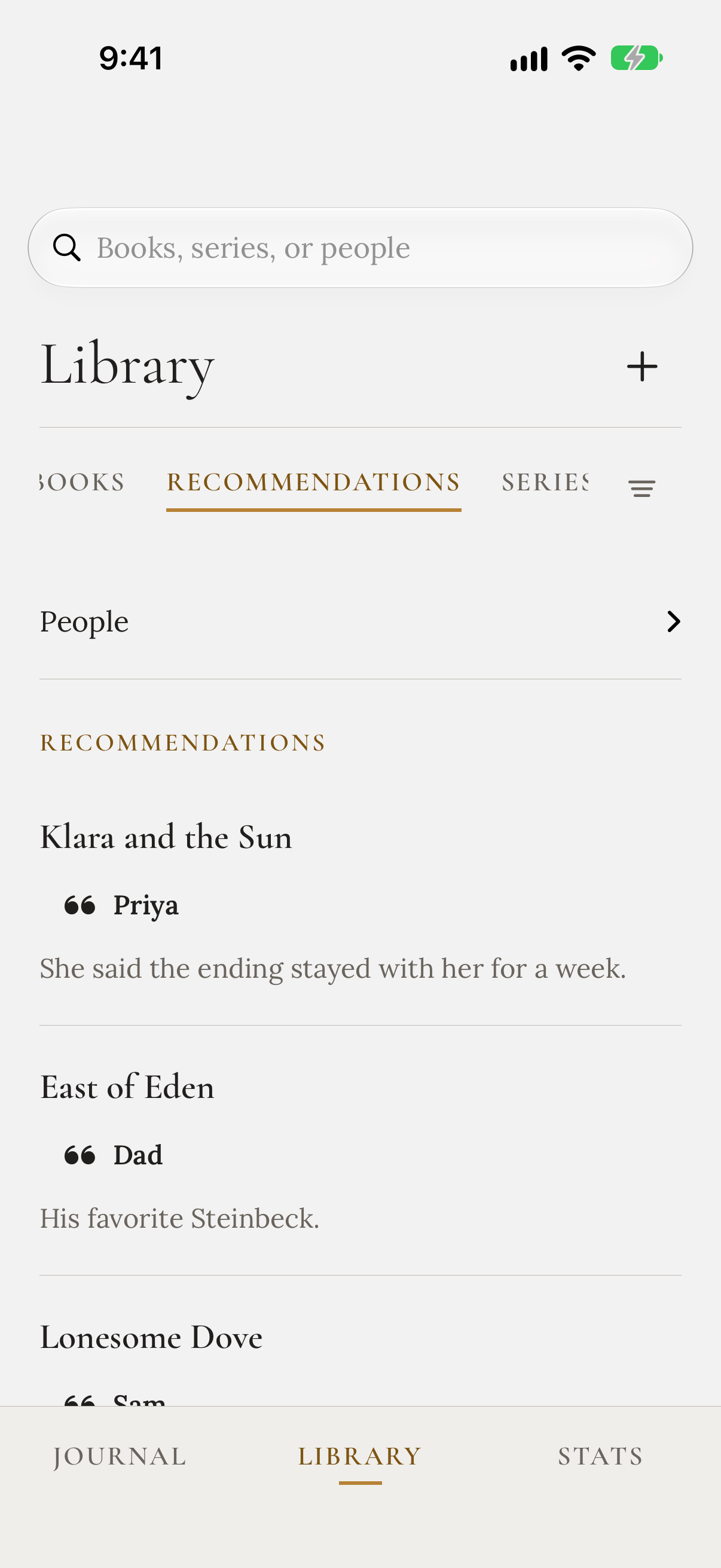 Recommendations in the Library, with the people who suggested each book and their notes.