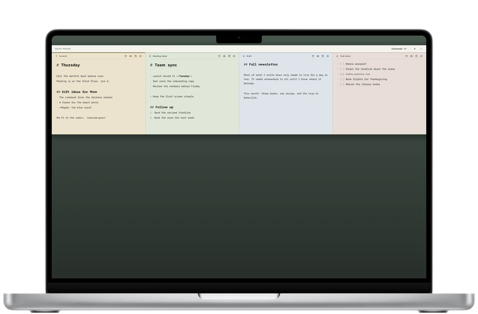 The Valet Notes drawer at the top of a MacBook screen, with four colored spaces side by side