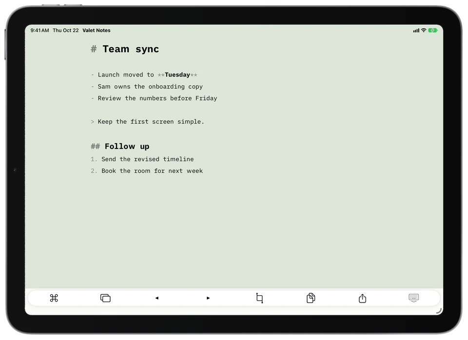 Meeting notes in Valet Notes on a landscape iPad, centered at a comfortable reading width