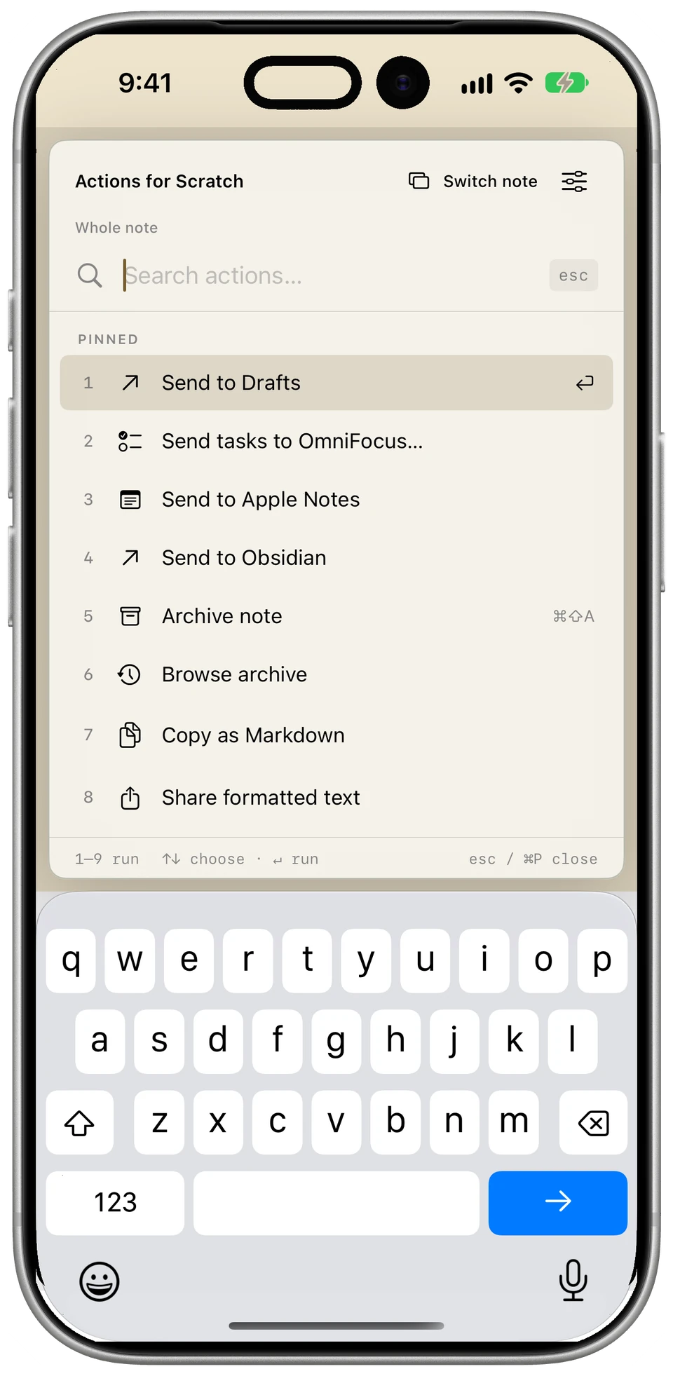 The Commands list on iPhone, with Send to Drafts, Send tasks to OmniFocus, Send to Apple Notes, and Archive note