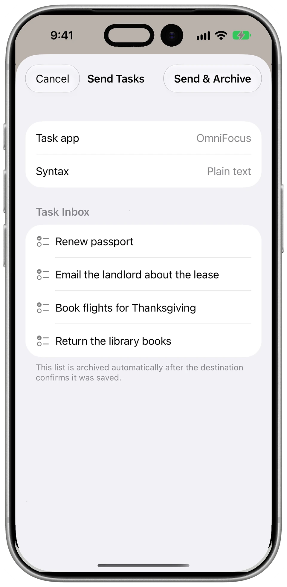 The Send Tasks sheet on iPhone, ready to send four tasks from Task Inbox to OmniFocus