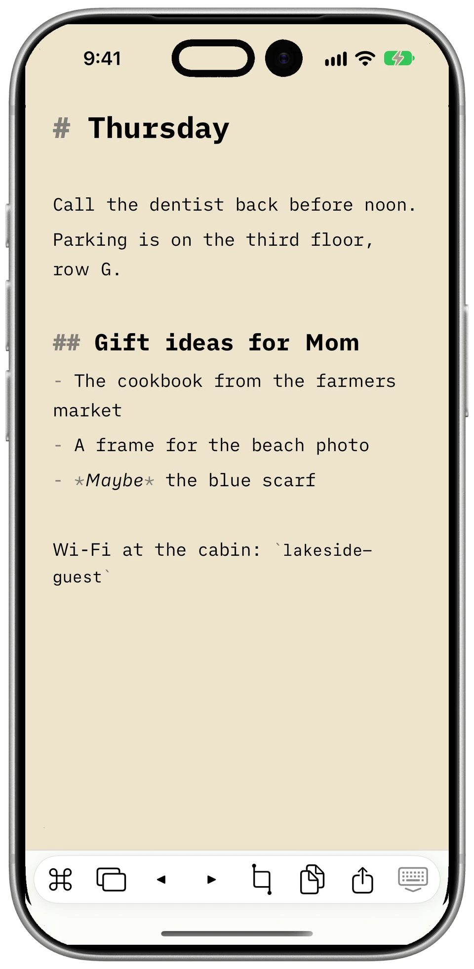 A Markdown note with a heading and a list in Valet Notes on iPhone