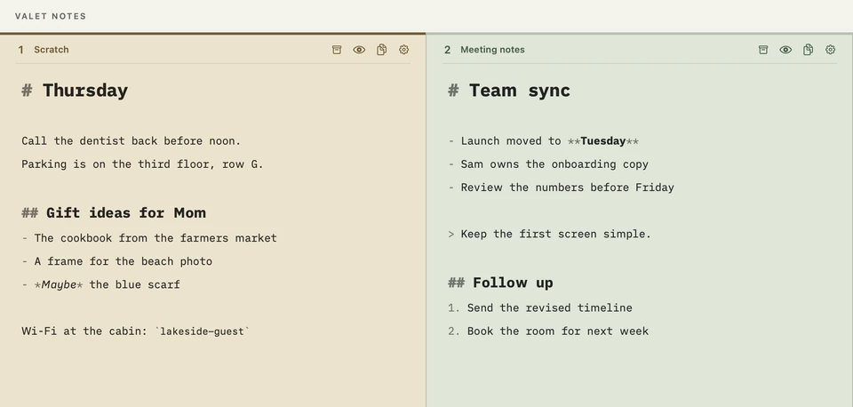 The first two spaces of the Mac drawer, Scratch and Meeting notes, with archive, preview, copy, and settings buttons in each header