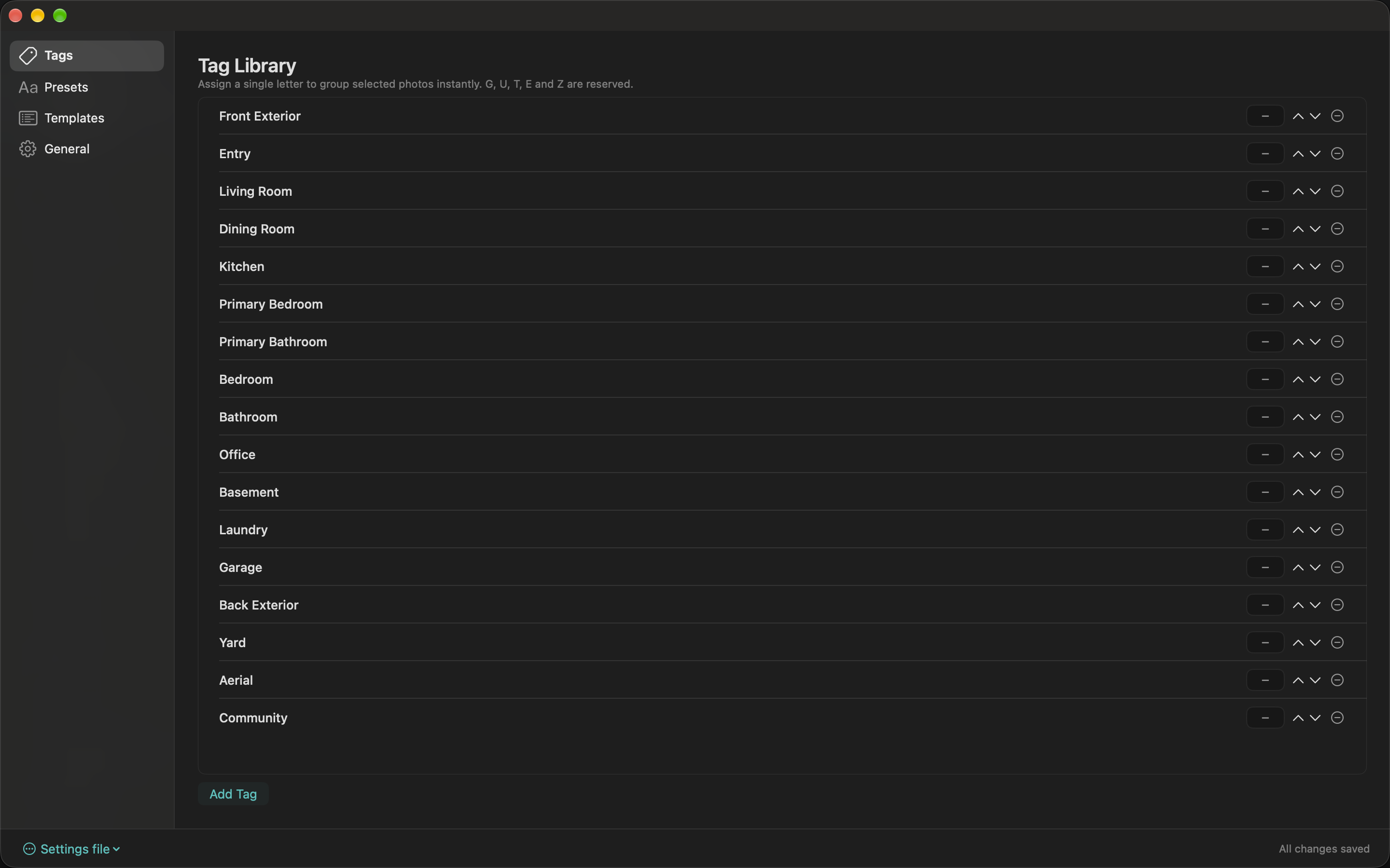 Tags settings with room names and editable shortcut badges