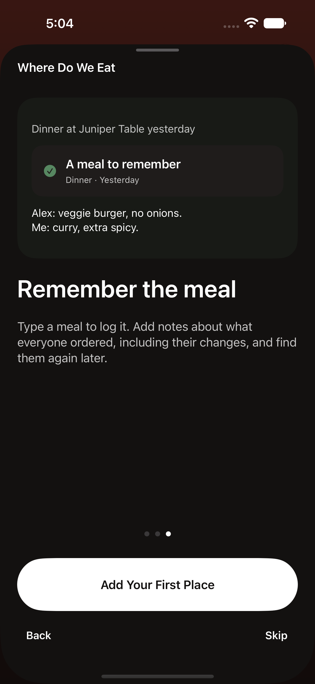 The app’s Remember the meal introduction, showing a sample visit and notes about each person’s order.