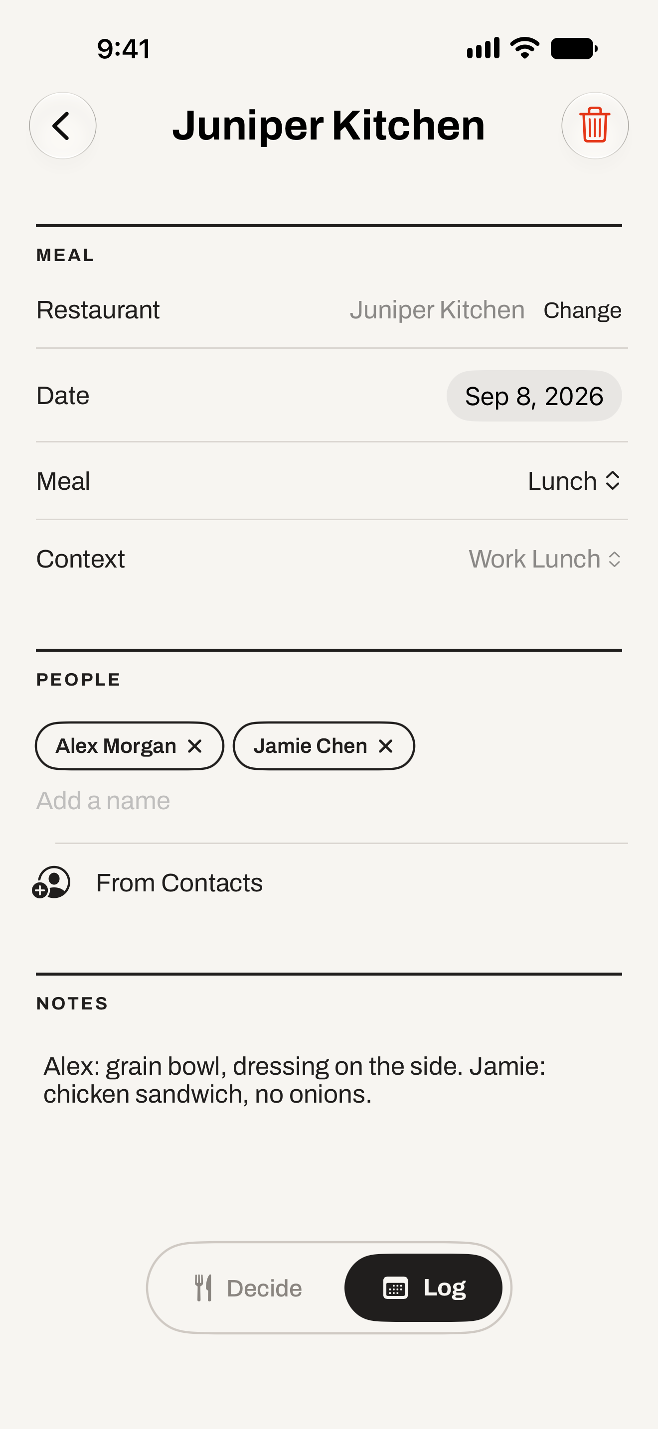 Juniper Kitchen lunch with Alex Morgan and Jamie Chen, showing the Work Lunch context and each person’s order notes.