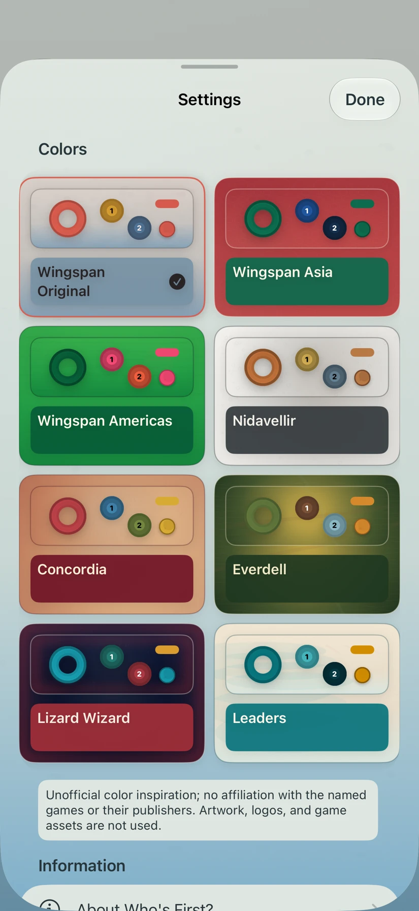The app’s eight visual worlds in Settings
